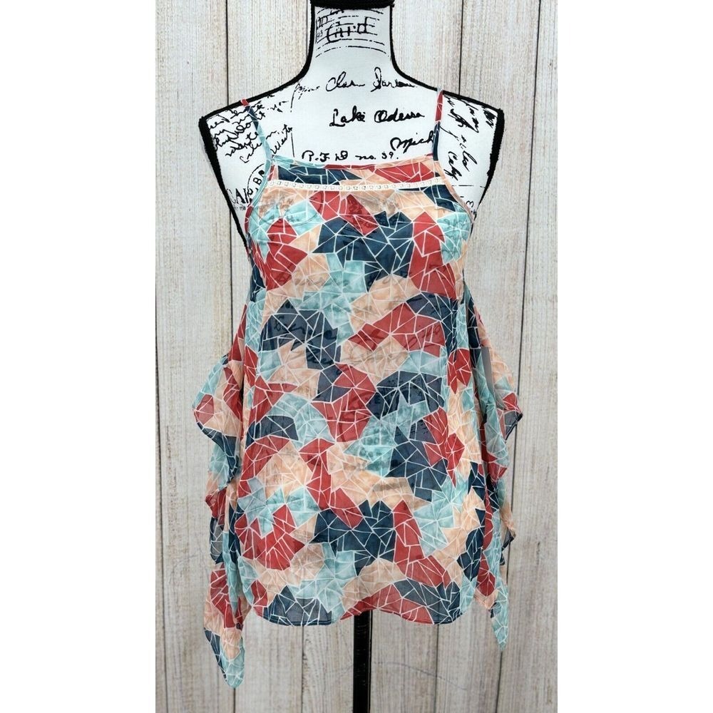 BCBG GENERATION Cami Top Size XS Sea Coral Combo Geometric Print Semi Sheer